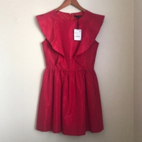 Zara Basic Shiny Red Short Sleeve Ruffle Dress - Picture 3 of 6
